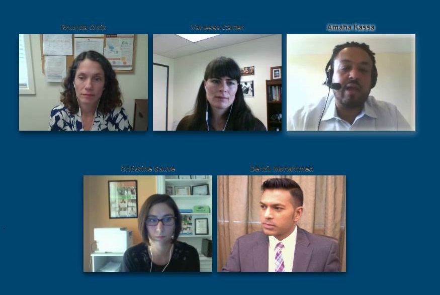 Rhonda Ortiz (upper left) moderates a panel discussion with, clockwise from Rhonda, Vanessa Carter, Amaha Kassa, Denzil Mohammed and Christine Sauv.