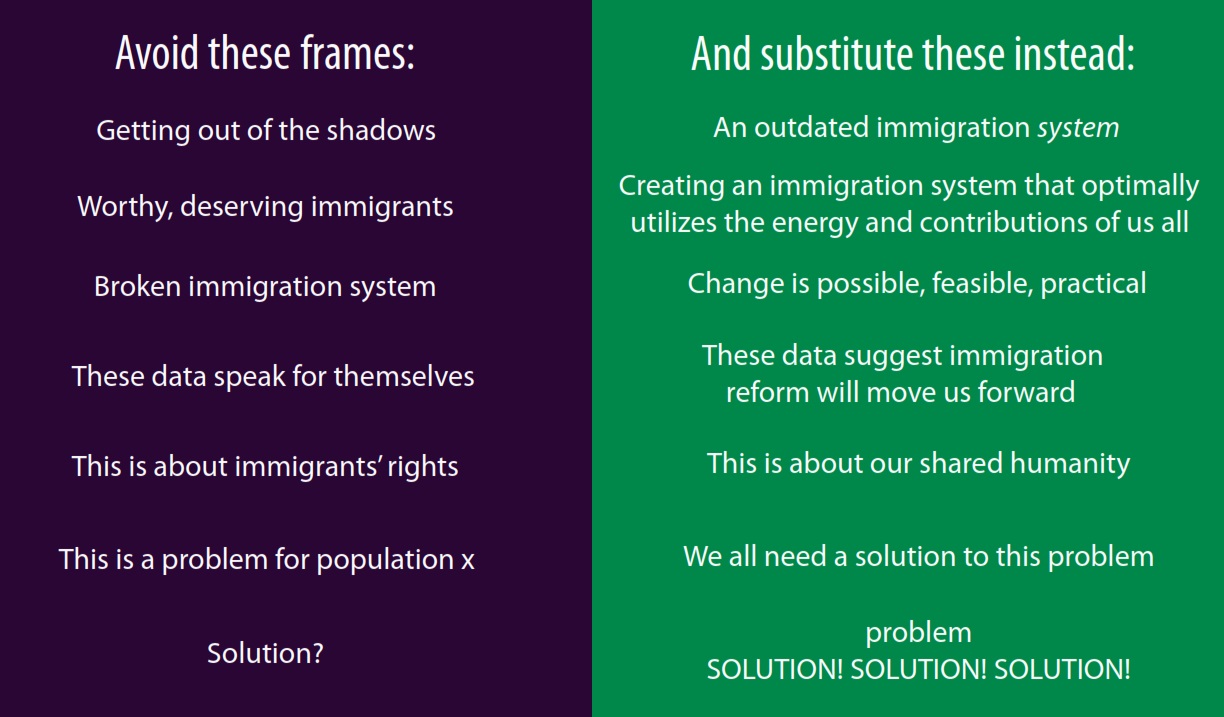 Suggestions from the FrameWorks Institute’s Marisa Gerstein Pineau, PhD, during the webinar Immigration, Safety and Security.