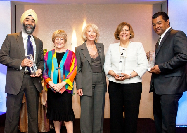 From left are Amar Sawhney, Marcia Hohn, Diane Portnoy, Julia Silverio and Larry Dossantos at The ILC 2012 Immigrant Entrepreneur Awards Dinner on May 9, 2012, at the Royal Sonesta Hotel in Cambridge, MA.