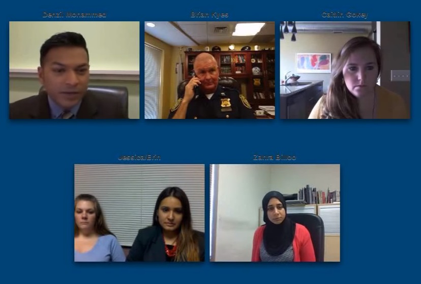 Denzil Mohammed moderates a panel featuring, clockwise from top left: Chief Brian Kyes, Chelsea, MA, Police Department; Caitlin Gokey, Vera Institute of Justice; Zahra Billoo, Council on American-Islamic Relations, San Francisco Bay Area; and Jessica Bernal and Erin Fichter, Catholic Charities of the Archdiocese of Omaha, NE.