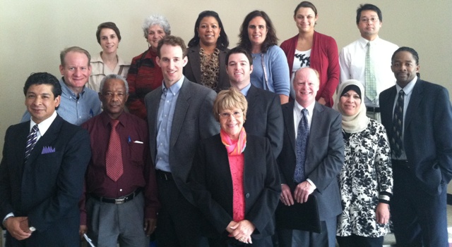 Lynn Coalition Immigrant Learning Center Director of The ILC Public Education Institute Dr. Marcia Drew Hohn, center-front, with participants and facilitators at a workshop on small-business advertising on October 24, 2012, at the Evangelistic Church in Lynn, MA. Photo courtesy Juan-Carlos Ferrufino
