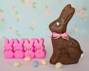 Pink peeps candy and a chocolate bunny