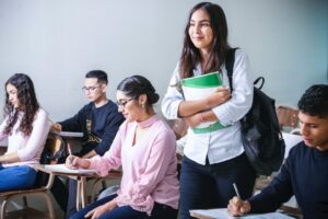 Smiling student in a classroom