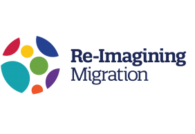 Re-Imagining Migration logo. There's a multi-colored sphere next to the name of the organization.