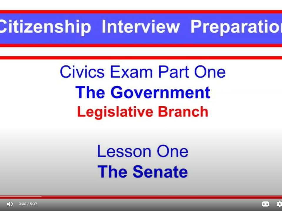 Screenshot of presentation slide. It says Citizenship Interview Preparation. Civics Exam Part One The Government Legislative Branch.