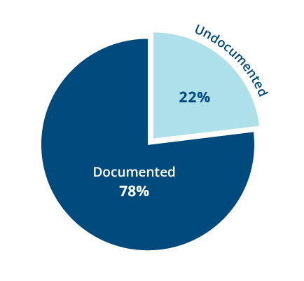 Pie chart showing that the majority (78%) of immigrants in Massachusetts are documented.