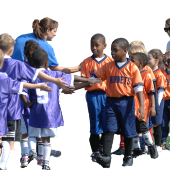 Two kids sports teams shaking hands after a match, with two adults supervising. One team is in blue jerseys and the other is in orange.