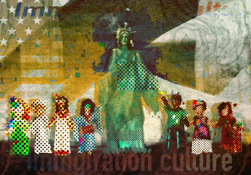 An illustration of the statue of liberty holding hands with seven small immigrants.