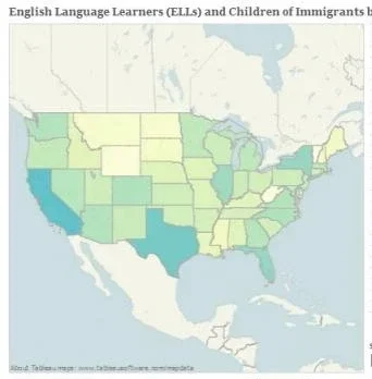 A map of the United States with the text, "English Language Learners (ELLs) and Children of Immigrants by State."