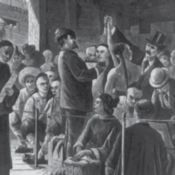 A black and white illustration of Chinese immigrants crowded together waiting for a man in a top hat.