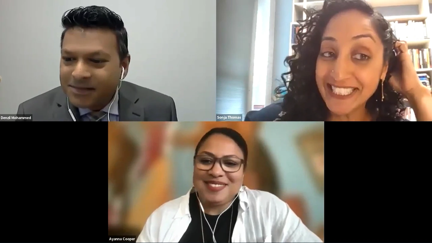 Three people on a Zoom call having a conversation about caste, race and identity.