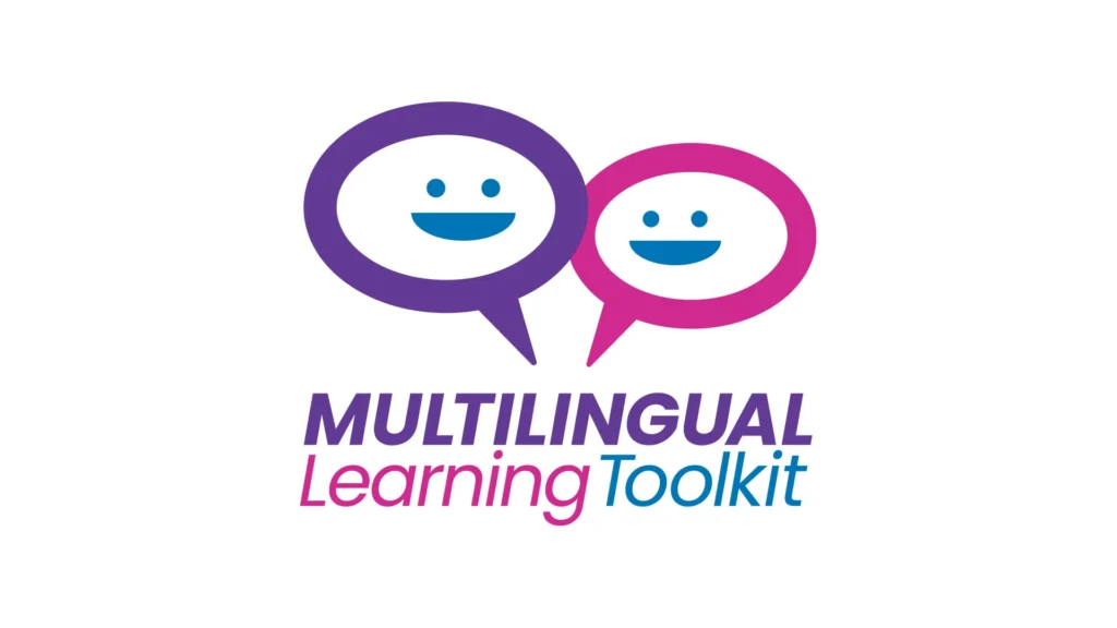 The logo for the Multilingual Learning Toolkit. It's two speech bubbles with happy faces in pink, purple and blue.