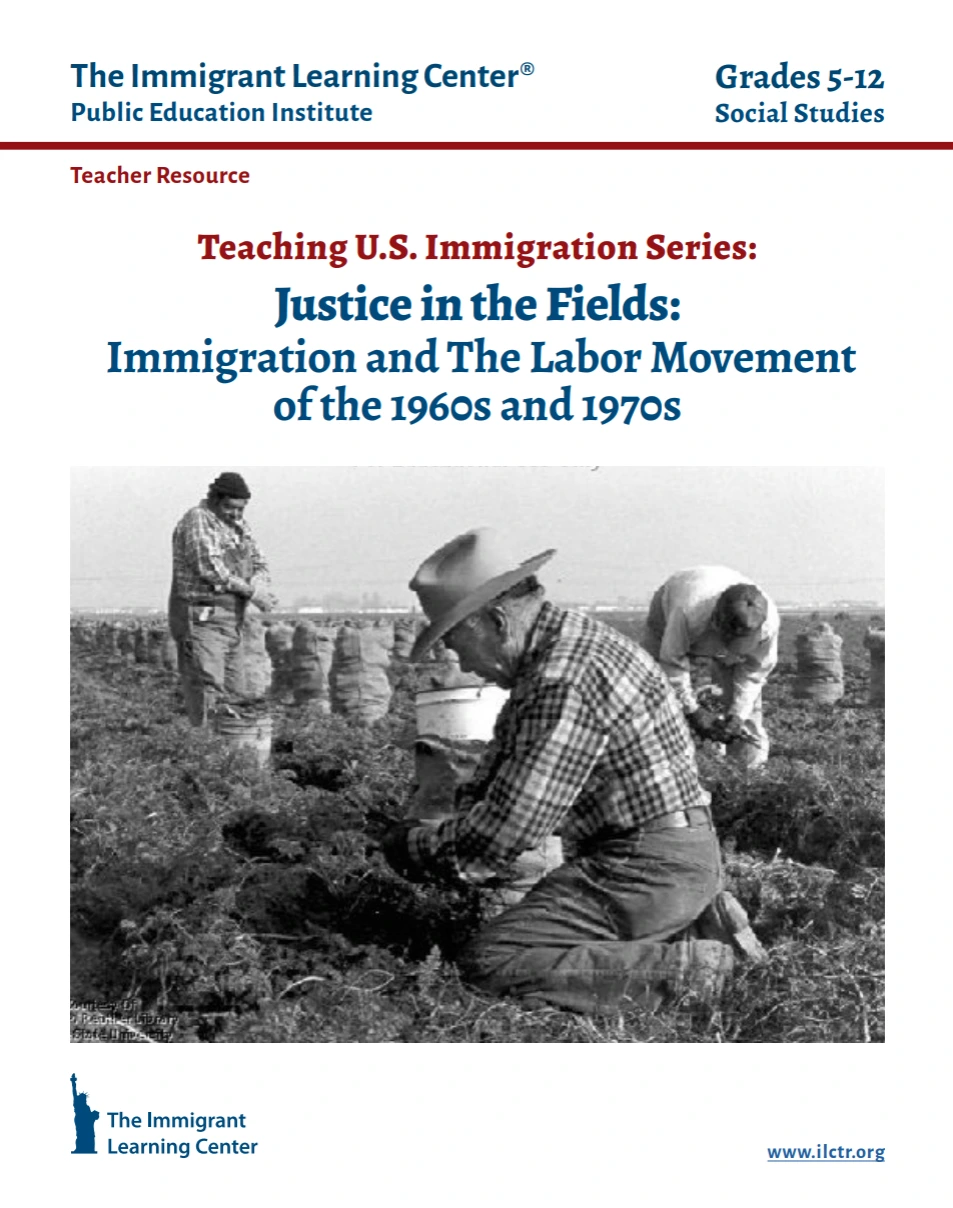 The cover of the "Justice in the Fields: Immigration and the Labor Movement of the 1960s and 1970s" lesson bundle.