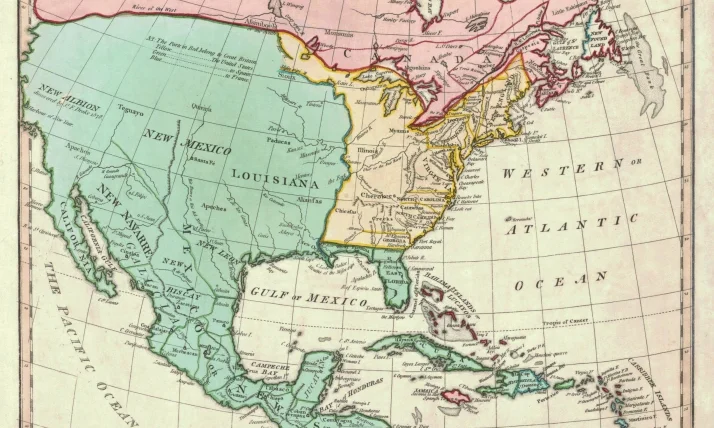 A map of the United States that shows how much Spain owned in the 18th century