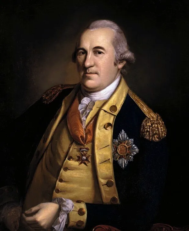 A portrait of Baron von Stuben in a military uniform.
