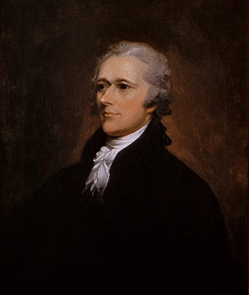 A portrait of Alexander Hamilton in a dark coat.