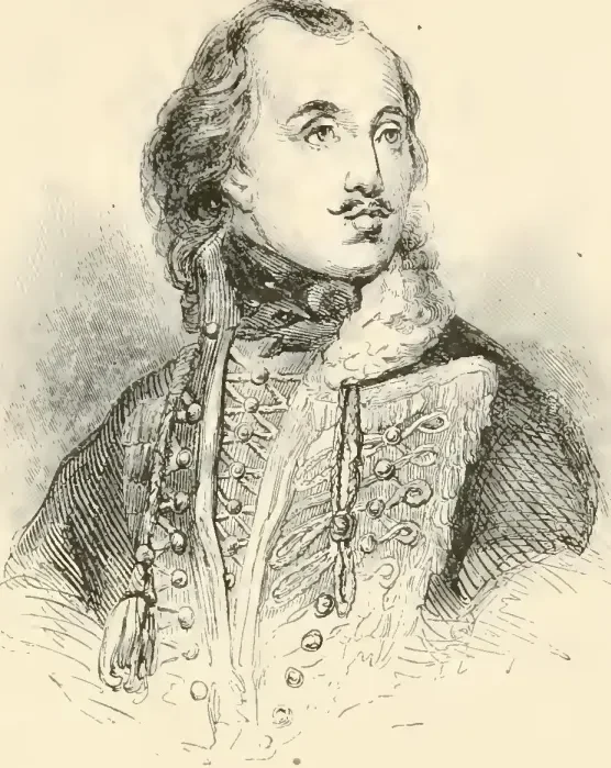 A drawn portrait of Casimir Pulaski in a military uniform.