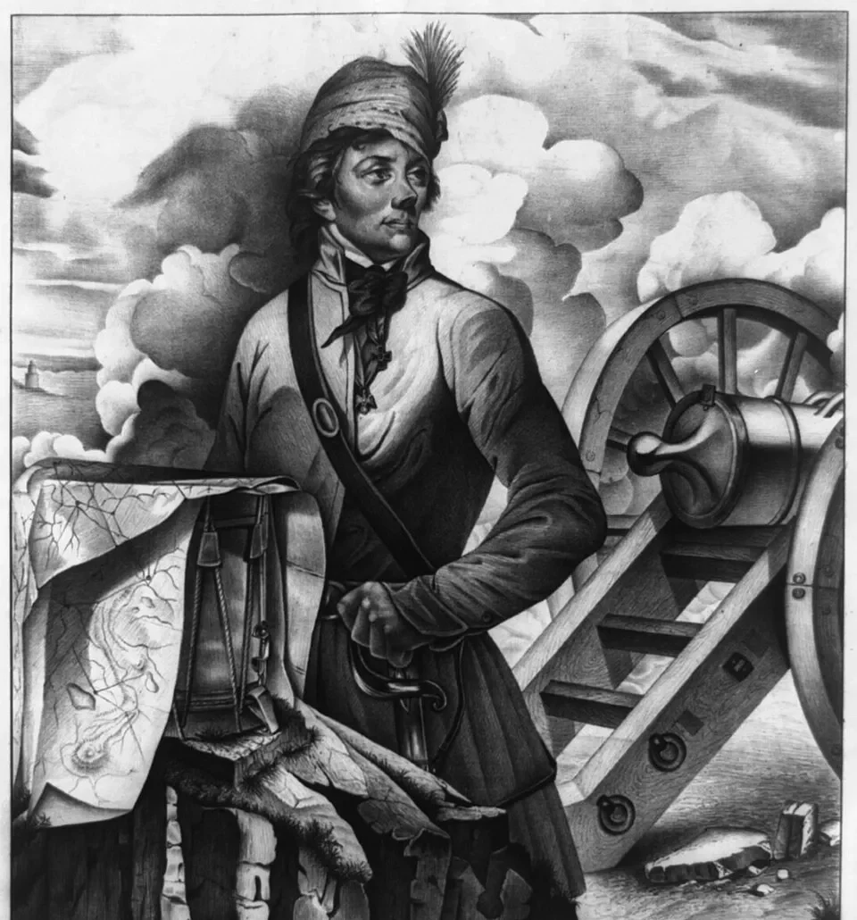 A black and white portrait of Tadeusz Koścuiszko. He's standing in front of a cannon. A subtitle at the bottom says "the friend of Washington."